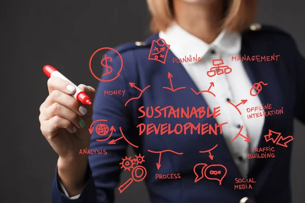 Företag flicka skriver en röd markör utvecklingsstrategi. Conc — Stockfoto