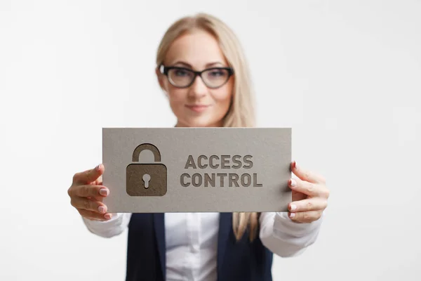 Business, Technology, Internet and network concept. Young girl holding a sign with an inscription Access control. — Stock Photo, Image