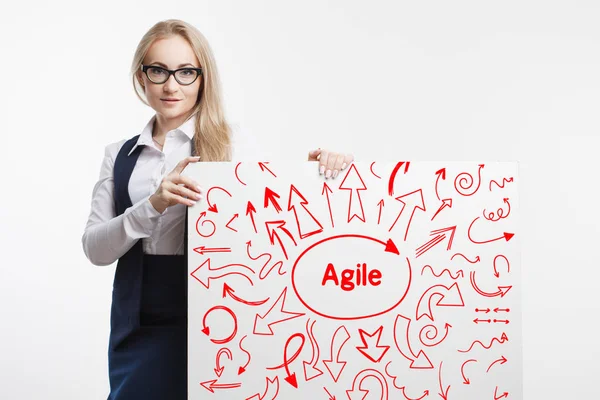 Tecnologia, internet, negócios e marketing. Jovem empresária escrevendo palavra: ágil . — Fotografia de Stock