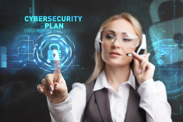 Young businesswoman working in virtual glasses, select the icon CYBERSECURITY PLAN on the virtual display. — Stock Photo, Image