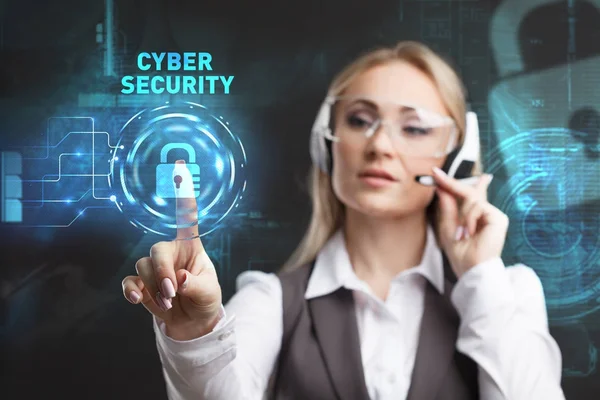 Young businesswoman working in virtual glasses, select the icon cyber security on the virtual display. — Stock Photo, Image