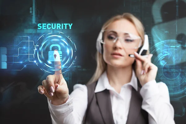 Young businesswoman working in virtual glasses, select the icon security on the virtual display. — Stock Photo, Image