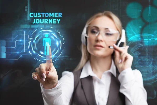 Genç işkadını sanal Gözlükte çalışan sanal görüntü simgesi müşteri yolculuğa seçin.