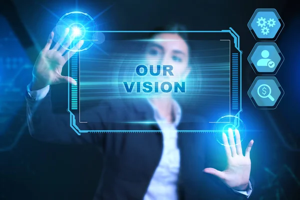 Obchodní, technologické, internetové a síťové koncepce. Podnikatel stiskne tlačítko Naše vize na virtuální obrazovce tablet budoucnosti. — Stock fotografie