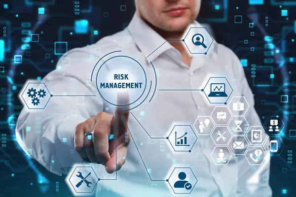 Business, Technology, Internet and network concept. Marketing content. Businessman presses a button Risk management on the virtual screen tablet future. — Stockfoto