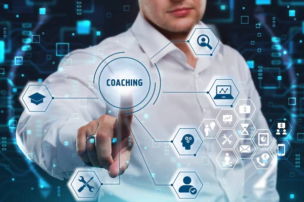 Affärsidé, teknik, Internet och nätverkskoncept. Coachning mentorskap utbildning företagsutbildning utveckling e-lärande koncept. — Stockfoto