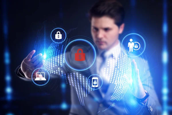 Business, technology, internet and networking concept. Young businessman working select the icon security on the virtual display. — Stockfoto