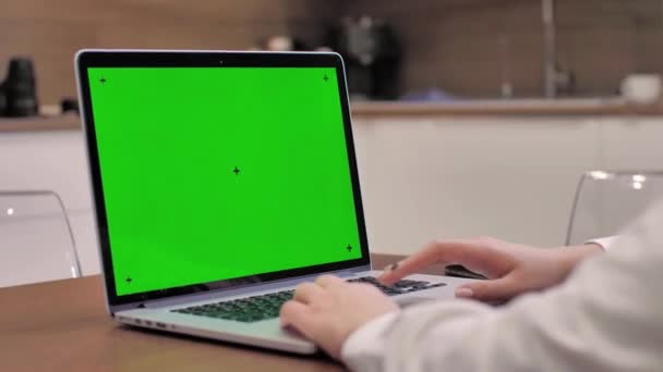 Laptopot Használó Laptoppal Zöld Képernyővel Képpel Technológia Chroma Key Sablon — Stock videók