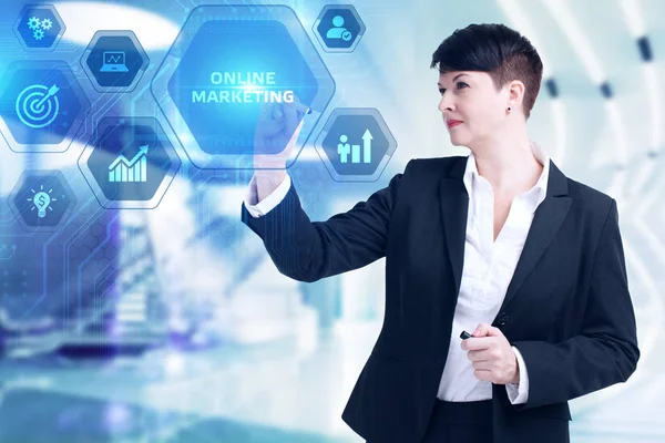기업, 기술, 인터넷, 네트워크 개념입니다. 마케팅 콘텐츠 계획 광고 전략 개념. 온라인 마케팅. — 스톡 사진