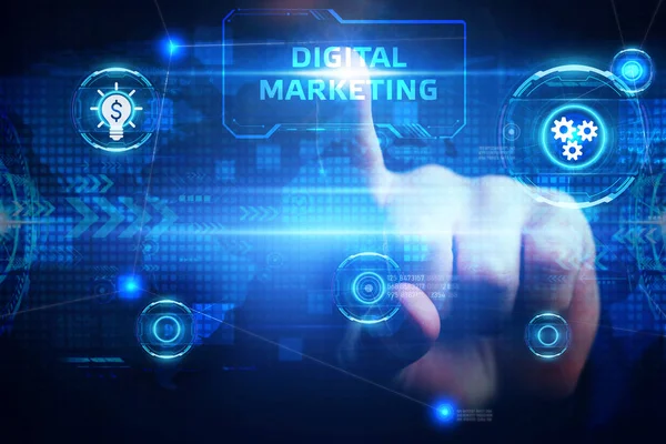 Επιχείρηση, Τεχνολογία, Διαδίκτυο και δικτυακή έννοια. Digital Marketing περιεχόμενο σχεδιασμό διαφημιστική στρατηγική έννοια. — Φωτογραφία Αρχείου