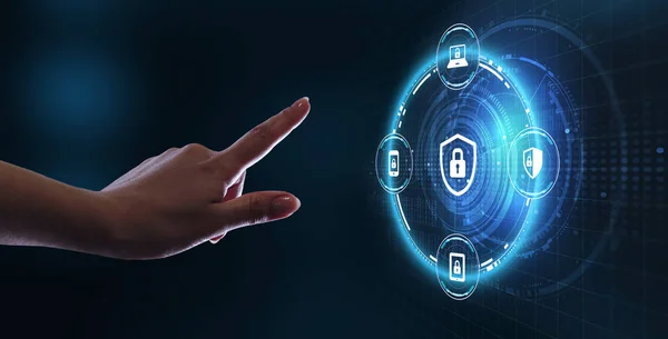 Cyber security data protection business technology privacy concept. Young businessman  select the icon security on the virtual display. — Stock Photo, Image