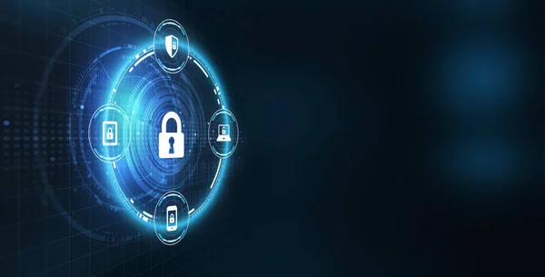 Cibersegurança proteção de dados conceito de privacidade de tecnologia de negócios. Segurança do ícone na tela virtual . — Fotografia de Stock