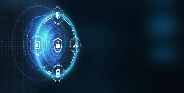 Datenschutzkonzept für Unternehmen im Bereich Cyber-Sicherheit. Jungunternehmer wählen Sie das Symbol Sicherheit auf dem virtuellen Display. — Stockfoto