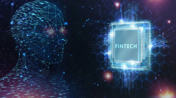 Fintech -financial technology conceptept.Young 사업가는 가상 디스플레이의 아이콘 Fintech 을 선택 한다.. — 스톡 사진