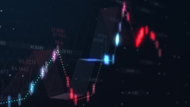 Analyse des négociants sur papier d'information. Animation de diagramme d'affaires. Graphique financier abstrait avec des numéros mobiles et graphique en marché boursier sur panneau ticker et fond de couleur noire .