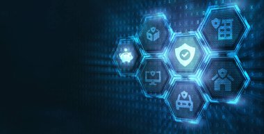 Sigorta konsepti. Müşteri sigorta düğmesine tıklıyor. Sigorta simgeleri: araba, seyahat, aile ve hayat sigortası, mali ve sağlık.                               