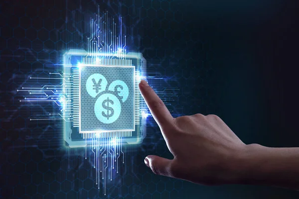 Cripto-moneda, Bitcoin internet dinero virtual. Tecnología de divisas Business Internet Concept. — Foto de Stock