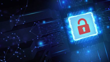 Siber güvenlik veri koruması iş teknolojisi gizlilik kavramı. Genç işadamı sanal ekrandaki ikon güvenliğini seçin.