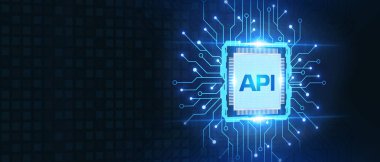 API - Uygulama Programı Arayüzü. Yazılım geliştirme aracı. İş, modern teknoloji, İnternet ve ağ kurma kavramı.