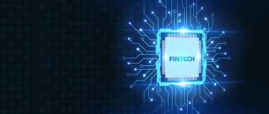 Fintech-Finansal Teknoloji Konsepti. Genç iş adamı sanal ekranda Fintech simgesini seçiyor..