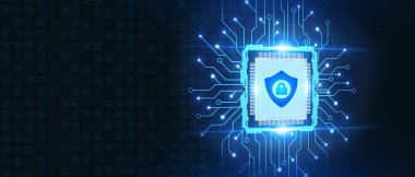 İş, teknoloji, internet ve ağ konsepti. Ofiste çalışan genç işadamı, sanal ekrandaki ikon güvenliğini seçin.