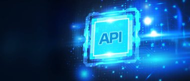 API - Uygulama Programı Arayüzü. Yazılım geliştirme aracı. İş, modern teknoloji, İnternet ve ağ kurma kavramı