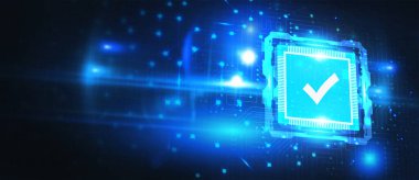 Standart kalite kontrol. Sertifika. İş, teknoloji, internet ve ağ konsepti. Sanal ekrandaki simgeyi genç işadamı seçer.