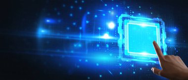 İş, teknoloji, internet ve ağ konsepti. Ofiste çalışan genç işadamı, sanal ekrandaki simgeyi seçin.