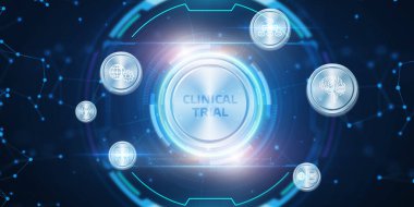İş, Teknoloji, İnternet ve ağ konsepti. Geleceğin tabletinde çalışan iş adamı, sanal ekranda seçin: Klinik deney