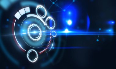 İş, teknoloji, internet ve ağ konsepti. Ofiste çalışan genç işadamı, sanal ekrandaki simgeyi seçin.