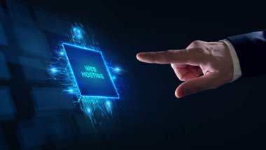 Web sunucusu. Depolama alanı sağlama ve web sitelerine erişim faaliyetleri. İş, modern teknoloji, İnternet ve ağ kurma kavramı