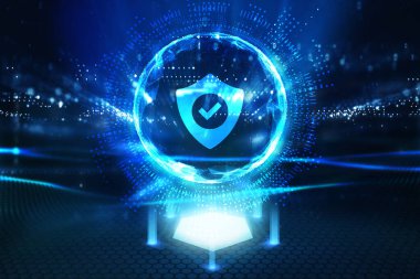 Siber güvenlik veri koruması iş teknolojisi gizlilik kavramı. Genç işadamı sanal ekrandaki ikon güvenliğini seçin.