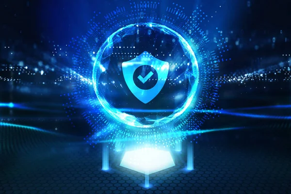 Siber güvenlik veri koruması iş teknolojisi gizlilik kavramı. Genç işadamı sanal ekrandaki ikon güvenliğini seçin.