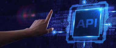 API - Uygulama Programı Arayüzü. Yazılım geliştirme aracı. İş, modern teknoloji, İnternet ve ağ kurma kavramı