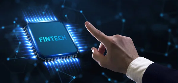 Fintech Concept Technologie Financière Jeune Homme Affaires Sélectionner Icône Fintech — Photo