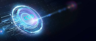 İş, Teknoloji, İnternet ve ağ konsepti. Sanal gerçeklik gözlükleriyle çalışan genç işadamı yazıyı görüyor: