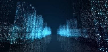 Soyut fütüristik, koyu mavi arka planda çokgen şekilli teknoloji. Dijital teknoloji konsepti tasarla. İllüzyon. 3d oluşturma. 