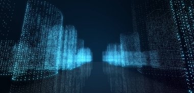 Soyut fütüristik, koyu mavi arka planda çokgen şekilli teknoloji. Dijital teknoloji konsepti tasarla. İllüzyon. 3d oluşturma. 