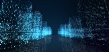 Soyut fütüristik, koyu mavi arka planda çokgen şekilli teknoloji. Dijital teknoloji konsepti tasarla. İllüzyon. 3d oluşturma. 