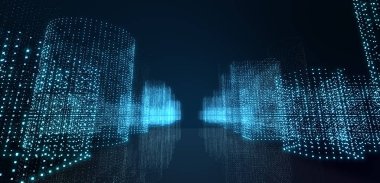 Soyut fütüristik, koyu mavi arka planda çokgen şekilli teknoloji. Dijital teknoloji konsepti tasarla. İllüzyon. 3d oluşturma. 