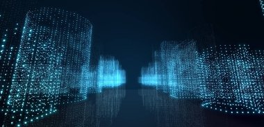 Soyut fütüristik, koyu mavi arka planda çokgen şekilli teknoloji. Dijital teknoloji konsepti tasarla. İllüzyon. 3d oluşturma. 