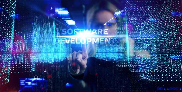 Sviluppo Software Iscrizione Sul Display Virtuale Business Tecnologia Moderna Internet — Foto Stock
