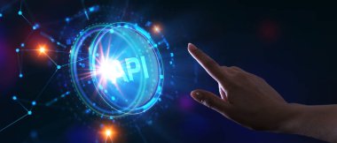 API - Uygulama Programı Arayüzü. Yazılım geliştirme aracı. İş, modern teknoloji, İnternet ve ağ kurma kavramı