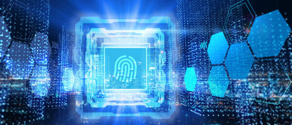 Fingerprint scan provides security. Business, technology, internet and networking concept.