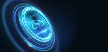 Bulut hesaplama konsepti. İş, teknoloji, internet ve ağ konsepti. Genç işadamı sanal ekrandaki simge bulutunu seçin.                               