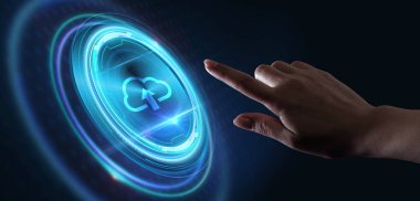 Bulut hesaplama konsepti. İş, teknoloji, internet ve ağ konsepti. Genç işadamı sanal ekrandaki simge bulutunu seçin.                               