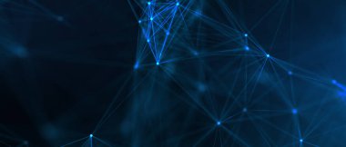 Soyut fütüristik, koyu mavi arka planda çokgen şekilli teknoloji. Dijital teknoloji konsepti tasarla. 3d illüstrasyon