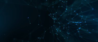 Soyut fütüristik, koyu mavi arka planda çokgen şekilli teknoloji. Dijital teknoloji konsepti tasarla. 3d illüstrasyon