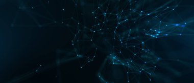 Soyut fütüristik, koyu mavi arka planda çokgen şekilli teknoloji. Dijital teknoloji konsepti tasarla. 3d illüstrasyon