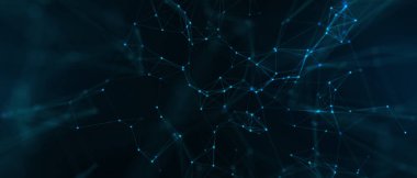 Soyut fütüristik, koyu mavi arka planda çokgen şekilli teknoloji. Dijital teknoloji konsepti tasarla. 3d illüstrasyon